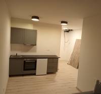 Küchenzeile in einer Einzimmerwohnung mit Bodenbelag und hellem Möbel.