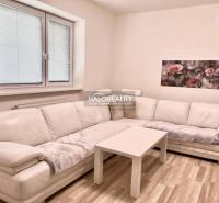 Ein helles Wohnzimmer in einer 3-Zimmer-Wohnung mit einem weißen Sofa und einem Blumenbild an der Wand.