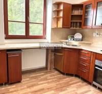 Küche in einer 3-Zimmer-Wohnung mit Holzküche, Fenster mit Blick ins Grüne.