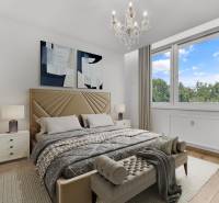 Ein stilvolles Schlafzimmer mit einem hellen Bett, einem Kronleuchter und einem großen Fenster in einer 4-Zimmer-Wohnung.