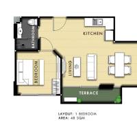 Grundriss einer 2-Zimmer-Wohnung mit Küche, Wohnzimmer, Terrasse und Badezimmer.