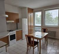 Küche in einer 2-Zimmer-Wohnung mit Küchenzeile, Tisch und Stühlen.