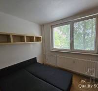 Schlafzimmer in einer 2-Zimmer-Wohnung mit Bett, Regal und Fenster mit Blick auf Grünflächen.