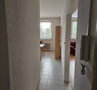 Ein Flur mit Fliesen, der in den Wohnbereich einer Zweizimmerwohnung führt.