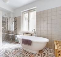 Badezimmer mit Duschkabine, freistehender Badewanne und dekorativen Fliesen in einer 3-Zimmer-Wohnung.