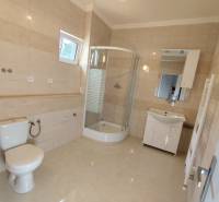 Badezimmer in einer Einzimmerwohnung mit Dusche, Waschbecken, Toilette und Fliesen.