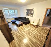 Wohnzimmer in einer 3-Zimmer-Wohnung mit einem Sofa, einem Sessel und einem Bild an der Wand.
