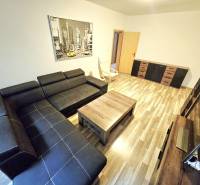 Wohnzimmer in einer 3-Zimmer-Wohnung mit schwarzem Sofa und Holzmöbeln.