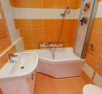 Badezimmer in einer 4-Zimmer-Wohnung mit orangefarbenen Fliesen, einer Duschkabine und einem Waschbecken.