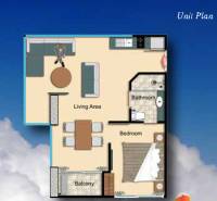 Grundriss einer 2-Zimmer-Wohnung mit Wohnzimmer, Badezimmer und Balkon.