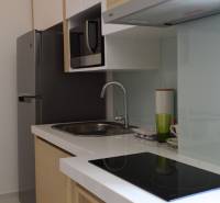 Küche in einer 2-Zimmer-Wohnung mit Spüle, Kochfeld und Mikrowelle.