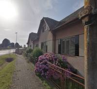 Ein Einfamilienhaus in Hrkovce mit einem Steinweg und blühenden Hortensien im Garten.