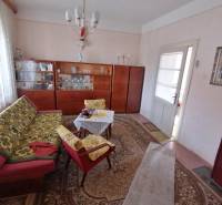 Wohnzimmer in einem Einfamilienhaus mit Retro-Möbeln und gemusterten Teppichen.