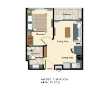 Grundriss einer 2-Zimmer-Wohnung mit Balkon, Wohnbereich und Esszimmer, 35 m².