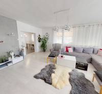 Wohnzimmer in einem Einfamilienhaus mit großem Sofa, Fernseher, Pflanzen und Teppichen auf dem Boden.
