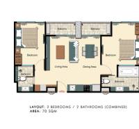 Der Grundriss zeigt eine 3-Zimmer-Wohnung mit zwei Schlafzimmern und zwei Badezimmern, ausgestattet mit Balkonen.