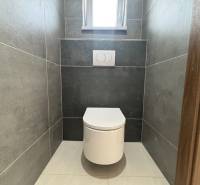Toilette mit Fliesen in einem Einfamilienhaus, minimalistisches Design mit grauen Fliesen.