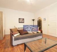 Wohnzimmer in einer Zweizimmerwohnung mit Sofa, Couchtisch und Holzboden.