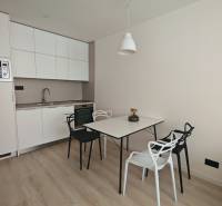 Küche in einer Einzimmerwohnung mit Esstisch und Stühlen, helle Holzböden.
