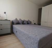 Schlafzimmer mit Bett, Schrank und Kommode in einer Einzimmerwohnung.