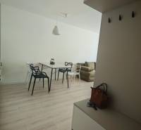 Einzimmerwohnung mit hellem Möbel und Holzboden, enthält einen Esstisch.