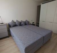 Schlafzimmer in einer Einzimmerwohnung mit zwei Betten, einer Kommode und einem großen Schrank.
