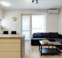 Wohnzimmer in einer 2-Zimmer-Wohnung mit Sofa, Tisch und Zugang zum Balkon.