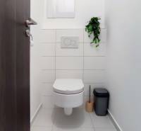 Toilette in einer 2-Zimmer-Wohnung mit weißen Fliesen und Reinigungszubehör.