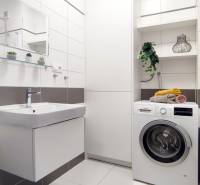 Badezimmer in einer 2-Zimmer-Wohnung mit Waschmaschine, Waschbecken und Regalen mit Dekorationen.