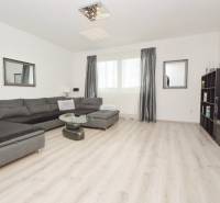 Wohnzimmer mit Sofa, Tisch und Schrank im Einfamilienhaus.