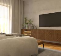 Schlafzimmer in einer 2-Zimmer-Wohnung mit Fernseher, Kommode und dekorativen Pflanzen.