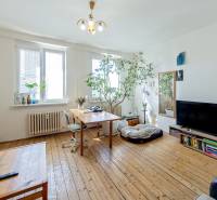 Wohnzimmer in einer 2-Zimmer-Wohnung mit Holzboden, Pflanzen und Fernseher.