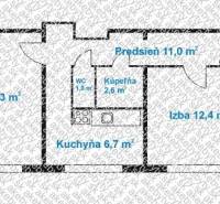 Grundriss einer 2-Zimmer-Wohnung mit zwei Zimmern, Küche, Flur, Badezimmer und WC.