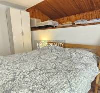 Schlafzimmer in einem Einfamilienhaus mit Holzverkleidung und einer Leiter zum Obergeschoss.