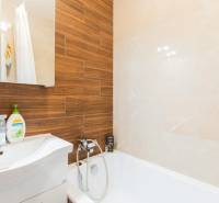 Ein Badezimmer in einer 4-Zimmer-Wohnung mit einem Spiegel, einer Badewanne und einer Holzverkleidung an der Wand.