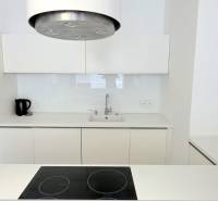 Weiße Küche mit Kochfeld und Dunstabzugshaube in einer 2-Zimmer-Wohnung.