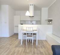 Essbereich und Küche in einer 2-Zimmer-Wohnung mit einfacher Einrichtung.