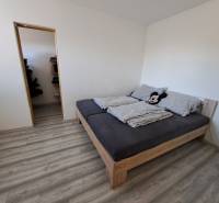 Schlafzimmer eines Einfamilienhauses mit Bett, weinrotem Boden und Eingang zur Speisekammer.