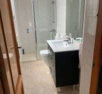 Badezimmer in einem Einfamilienhaus mit Waschbecken, Duschkabine und hellen Fliesen.