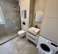 Badezimmer in einer 2-Zimmer-Wohnung mit Waschmaschine, Dusche und Fenster.