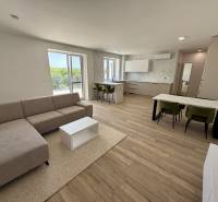 Wohnzimmer einer Zweizimmerwohnung mit grauem Sofa und Kochnische.
