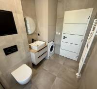 Badezimmer in einer 2-Zimmer-Wohnung mit Waschmaschine und moderner Sanitärausstattung.