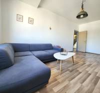 Wohnzimmer mit einem blauen Sofa, einem Tisch und Holzboden in einer 2-Zimmer-Wohnung.