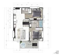 Grundriss einer 3-Zimmer-Wohnung mit Wohnzimmer, zwei Schlafzimmern, Küche und Balkon.