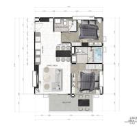 Grundriss einer 3-Zimmer-Wohnung mit Wohnzimmer, Esszimmer, Küche und zwei Badezimmern.