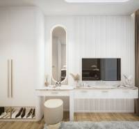 Moderne Innenraumgestaltung mit einem Schminktisch in einer 3-Zimmer-Wohnung, zeitloses Design mit Fokus auf Details.