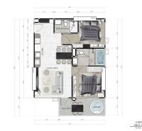 Grundriss einer 3-Zimmer-Wohnung mit Küche, Wohnzimmer, Balkon und zwei Badezimmern.