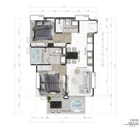 Grundriss einer 3-Zimmer-Wohnung mit zwei Schlafzimmern, Badezimmern und einem Balkon mit Jacuzzi.