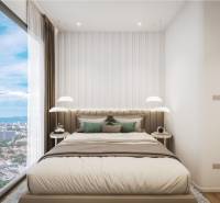Stilvolles Schlafzimmer in einer 3-Zimmer-Wohnung mit Blick auf die Stadt.