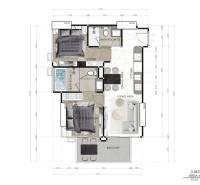 Grundriss einer 3-Zimmer-Wohnung mit zwei Schlafzimmern, Küche und Balkon.